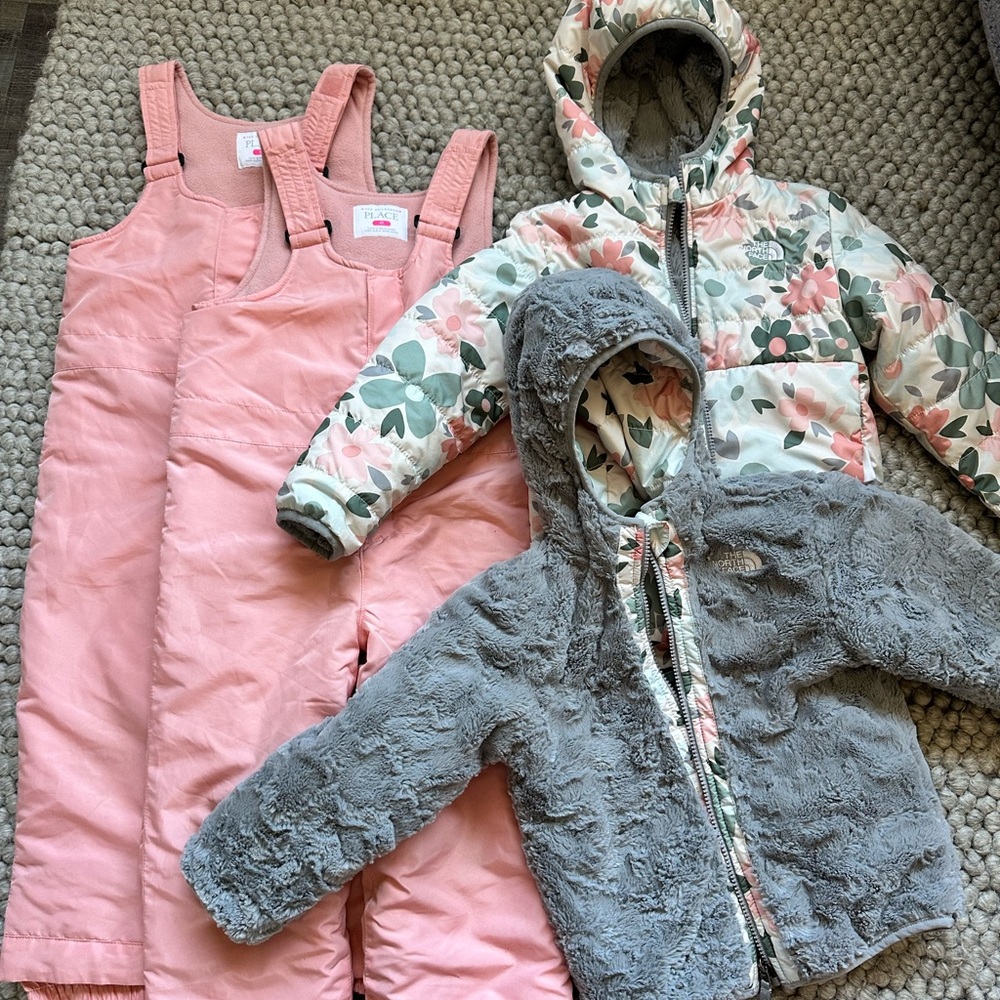 4T North Face puffer and Children’s Place snow bibs